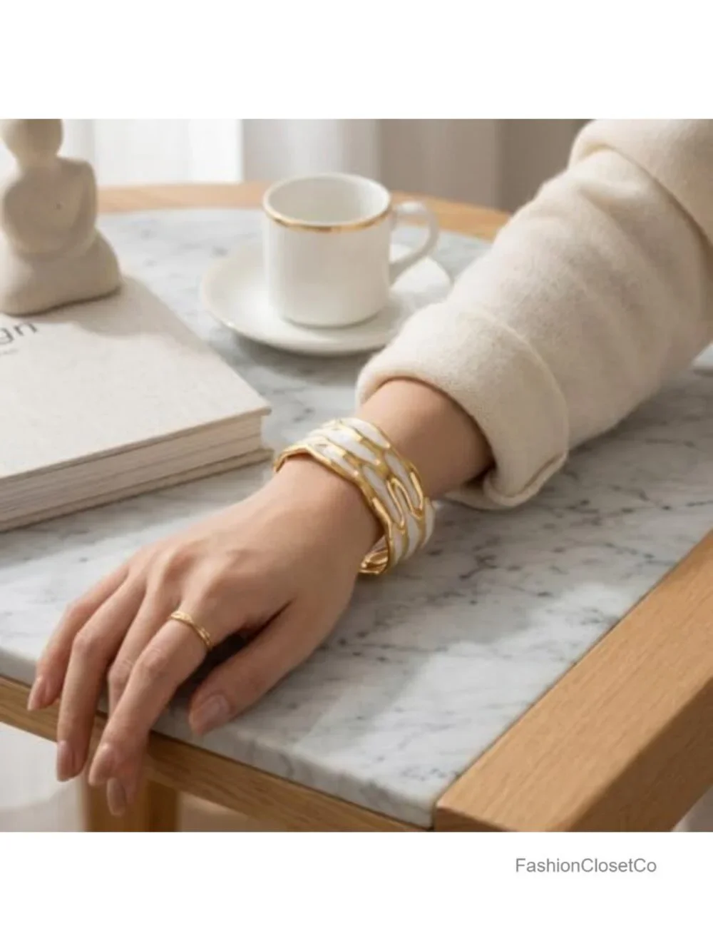 18K Gold Plated White Enamel Cuff Bracelet for Women